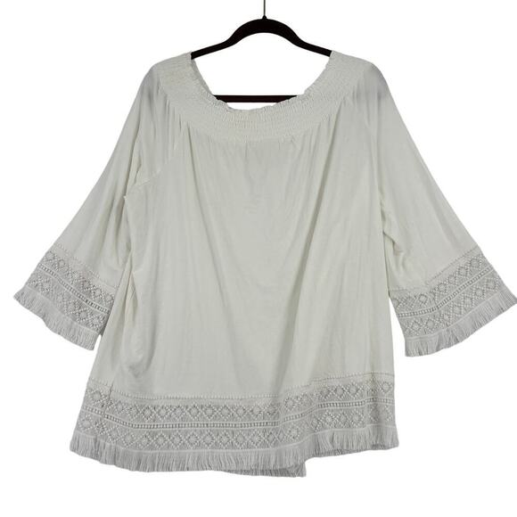 Chico's Stretch Knit Blouse Top Boat Neck Crochet Fringe Lace Trim White Size L - Picture 7 of 11